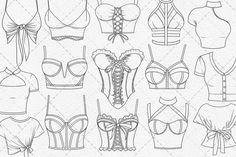 various bras with bows on the front and back, all drawn in black ink