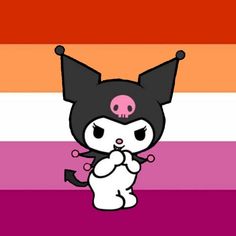 a cartoon cat is standing in front of a rainbow flag with the word hello kitty on it