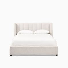 a bed with white linens and pillows on top of the headboard, in front of a white background