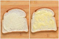 two pictures of bread with butter on it and one showing the inside of the sandwich