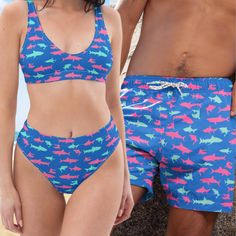 His Hers Matching Couples Swimsuits Couples Swimsuits, Matching Swimsuits For Couples, Couples Swimwear, Couple Swimming, Honeymoon Swimsuit, Honeymoon Swimwear, Matching Fits, Shark Print, Swimming Suits