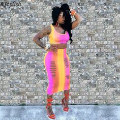 Rainbow Gradient Print Sexy Crop Top Midi Skirt Two Piece Set Spring Bodycon Skirt For Club, Spring Club Bodycon Skirt, Summer Bodycon Pencil Skirt, Pink Mini Skirt For Club In Summer, Summer High Waist Bodycon Skirt, High Waist Bodycon Skirt For Summer, Pink Club Skirt For Summer, Yellow Mini Skirt For Summer Night Out, Summer Club Pencil Skirt