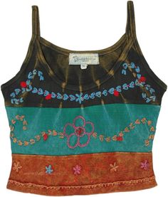 A short cropped tank top in stonewashed ribbed cotton with shades of green and orange and some artistic floral hand embroidery on each patch. The cropped tank is an artistic and harmonious piece of clothing with an outstanding overall look. #tlb #Sleeveless #Stonewash #Embroidered #vacationclothing #bohemianfashion #Handmade #JuniorPetite #bohotanktop #summerhippietanktop #ribbedcottontanktop Spring Sleeveless Patchwork Crop Top, Multicolor Sleeveless Cotton Crop Top, Hippie Cotton Tank Top, Multicolor Cotton Patchwork Tank Top, Fitted Cotton Tank Top With Floral Embroidery, Fitted Multicolor Cotton Tank Top, Bohemian Patchwork Tank Top For Summer, Cotton Crop Top Tank For Festivals, Tank Crop Top For Spring Festivals