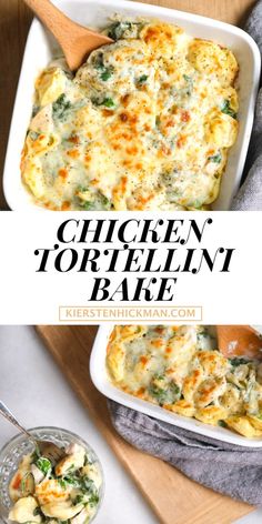 chicken tortellini bake in a white casserole dish