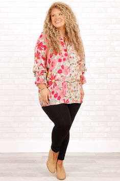 You'll look so radiant in this beauty! It is the perfect choice for a casual, stylish look! It features a beautiful pink color and trendy floral pattern to add a subtle touch of elegance! The flowy fit ensures maximum comfort, making it ideal for any casual outing! 50% Cotton, 50% Rayon Chic Pink Rayon Tops, Spring Floral Print Rayon Blouse, Pink Rayon Vacation Blouse, Pink Flowy Feminine Blouse, Pink Rayon Blouse For Vacation, Flowy Pink Printed Tops, Flowy Pink Blouse For Fall, Pink Floral Print Rayon Blouse, Casual Pink Spring Blouse