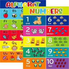 two posters with different numbers and animals on each one, including the letters in rainbow colors