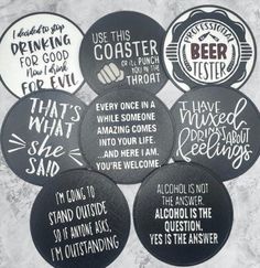 six coasters with different types of beer related words on them, all in black and white