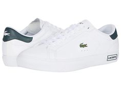 Lacoste Powercourt 0520 1 SFA - Women's Shoes : White/Dark Green : The Lacoste Powercourt 0520 1 SFA offers style and comfort with a low-profile construction, plain round toe, and color-block accents. Leather and synthetic upper materials. Lace-up design for a secure fit. Signature logo accents at the tongue, side, and heel. Breathable man-made lining. OrthoLite cushioned footbed for all-day comfort. Man-made outsole. Imported. Measurements: Weight: 14 oz Product measurements were taken using si Mens Lacoste, Lacoste Women, Grey Green, Shoes White, Signature Logo, White Shoes, White Sneakers, Leather Sneakers, White Sneaker