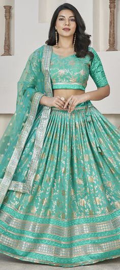 Green color Lehenga in Jacquard fabric with Embroidered, Sequence, Zari work Festive Green Lehenga For Ceremony, Green Embroidered Ceremony Sets, Green Resham Embroidery Ceremony Set, Green Bollywood Lehenga For Ceremony, Green Ceremony Sets With Resham Embroidery, Green Brocade Sharara For Wedding, Green Traditional Drape Sets For Ceremony, Green Traditional Drape Ceremony Sets, Green Brocade Sets For Wedding