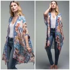 Airy Multicolor Watercolor Effect With Moroccan Flower Accent And Side Slits Kimono *Approx. L 39.50 W 34.75 *100% Viscose Price Is Firm Flowy V-neck Cardigan For The Beach, Bohemian V-neck Summer Outerwear, Casual Patterned Kimono For Beach Cover-up, Casual Open Front Beach Cover-up Outerwear, Hippie Kimono For Spring, Casual V-neck Kimono With Boho Print, Casual Fall Cover-up With Kimono Sleeves, Casual Spring Cover-up With Kimono Sleeves, Casual Long Printed Cover-up