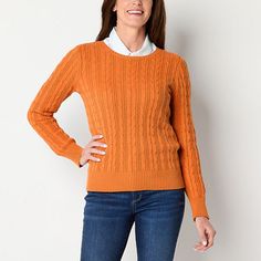 This St. John's Bay women's pullover sweater is a must-have piece for cooler days. It's made from a soft cotton-blend cable knit in a regular-fit with a classic crew neckline, long sleeves, and ribbed trim. Wear it with jeans and loafers for a sharp, everyday look.Features: EssentialsClosure Type: Pullover HeadFit: Regular FitNeckline: Crew NeckSleeve Length: Long SleeveSleeve Style: Fitted SleeveApparel Length: 24.5 Inches - Back, 25 Inches - FrontFiber Content: 88% Cotton, 12% NylonFabric Desc Crew Neck Cable Knit Top For Cold Weather, Cable Knit Crew Neck Top For Cold Weather, Crew Neck Cable Knit Top For Fall, Cable Knit Crew Neck Top For Fall, Fall Cable Knit Crew Neck Top, Cable Knit Long Sleeve Tops For Cold Weather, Winter Cable Knit Crew Neck Top, Fall Cotton Cable Knit Top, Cotton Cable Knit Top For Fall