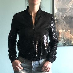 Gorgeous Jacket, Brand New, No Tags, Has One Spot Where Few Sequins Fell Off - Per Picture Fitted Black Outerwear For Party, Trendy Black Outerwear With Sequins, Trendy Black Sequined Outerwear, Fitted Black Outerwear For Night Out, Black Sequined Outerwear For Fall, Black Sequin Jacket, Sequin Jacket, Bomber Jackets, Black Sequins