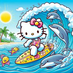 hello kitty surfing with dolphins and dolphins in the ocean on a surfboard by her side