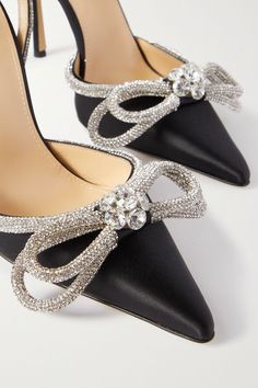 Black Double Bow crystal-embellished silk-satin point-toe pumps | MACH & MACH | NET-A-PORTER Bow High Heels, Pearl Bow, Court Heels, Double Bow, Bow Heels, Pointed Heels, Aesthetic Shoes, Hot Shoes, Dream Shoes