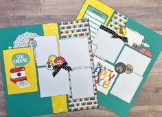 three scrapbook pages with different designs on them