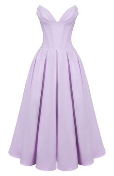 All eyes will be on you in this lilac-hued dress built with a sculpted boned bodice, molded butterfly neckline and a voluminous skirt buoyed by layers of tulle. Exclusive retailer Hidden back-zip closure Sweetheart neck Strapless Side-seam pockets Lined, with tulle crinoline underskirt 65% Richcel viscose, 35% polyester Dry clean Imported A Line Midi Dress, Summer Gowns, Long Sleeve Bandage Dress, Dress Lavender, Strapless Cocktail Dress, Pastel Lilac, Black Dress Prom, Strapless Bustier, Lavender Dresses