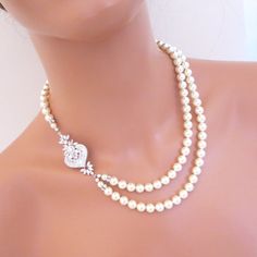 Pearl Wedding necklace Bridal necklace Bridal от treasures570 Elegant Diamond White Necklaces With Jewels, Elegant Bridal Necklace For Anniversary, Elegant Diamond Necklace With Jewels For Wedding, Elegant Wedding Diamond Necklace With Jewels, Elegant Wedding Rhinestone Pendant Necklace, Elegant Rhinestone Crystal Necklace With 17 Jewels, Art Deco Diamond White Necklace For Anniversary, Elegant White Crystal Backdrop Necklace, Vintage Cubic Zirconia Wedding Necklaces