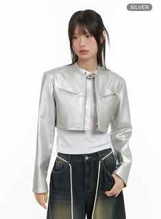 Product Detail Style : Street, Acubi Detail : Buttoned, Zip up Print : Solid Material : Polyurethane Sleeve : Long sleeve Length : Crop Fit : Slim fit Polyurethane100 Color : Black, Silver Made in Korea Model Size Model is wearing size S/M and the color Black. Height : 5'5" | 166cm / Top : XS / Bottom : S (25 inch) .prddescription table, .prddescription td, .prddescription th { border : 1px solid black; border-collapse : collapse; padding: 10px; } Size(Inch) Size Shoulder Bust Sleeve Length Armh Sleek Fitted Cropped Jacket For Winter, Trendy Fitted Biker Jacket, Sleek Fitted Cropped Jacket For Spring, Modern Fitted Leather Jacket For Spring, Metallic Long Sleeve Leather Jacket For Spring, Metallic Fitted Long Sleeve Biker Jacket, Metallic Fitted Long Sleeve Outerwear, Fitted Casual Biker Jacket For Party, Sleek Leather Jacket For Spring Party