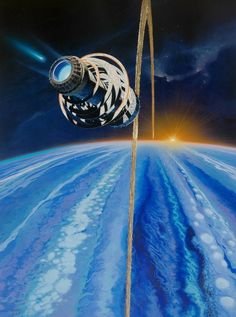 an artist's rendering of a space station in the middle of blue and white