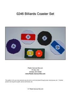 four crocheted coasters with different colors and designs on the front, one has a