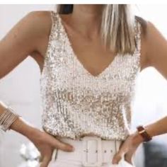 Silver/Gold Sequined, Lined Cami. Originally Purchased From Ainole. No Tags But Never Worn. Size Small. Boho Nye Outfit, Elegant Sequined Tops For Summer, Sequins Top Outfit, Shiny Outfits, White Sequin Top, Long Sleeve Sequin Top, Silver Sequin Skirt, Ball Outfit, Unique Wardrobe