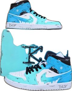 Blue Sporty Custom Sneakers With Waterproof Paint, Blue Waterproof Custom Sneakers For Sports, Custom Blue Sports Sneakers, Waterproof High-top Sneakers For Streetwear, Custom Blue Sneakers For Sports, Blue Waterproof Low-top Custom Sneakers, Casual Blue Custom Sneakers With Paint Splatter, Casual Blue Jordan Shoes With Breathable Design, Urban Style Blue High-top Custom Sneakers