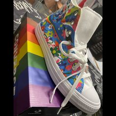 Beautiful Colorful Kicks! With Rainbow Bottom Are Sure To Get The Attention They Deserve! These Are Unisex 11 Women 9 Mens Sure To Move Fast Funky White Lace-up Sneakers, Multicolor High-top Sneakers For Summer Streetwear, Colorful Fun Sneakers For Spring, Trendy Multicolor High-top Sneakers For Summer, Trendy Multicolor High-top Sneakers For Spring, Fun Lace-up Sneakers For Spring, Fun Lace-up Spring Sneakers, Spring Lace-up Fun Sneakers, Funky High-top Sneakers For Spring