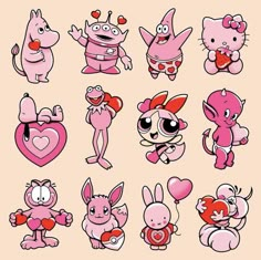 cartoon characters with hearts and animals