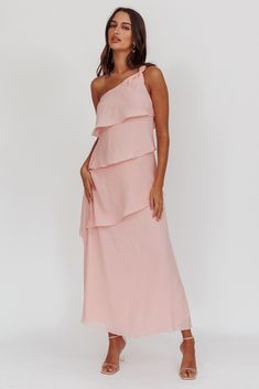 Delwyn One-Shoulder Maxi Dress Baby Pink One Shoulder Dress For Brunch, Chic Tiered Maxi Dress For Bridesmaids, Chic Maxi Dress With Ruffles And Asymmetrical Neckline, Spring One-shoulder Bridesmaid Maxi Dress, Spring Bridesmaid Maxi Dress With One Shoulder, Chic One-shoulder Bridesmaid Dress For Spring, Chic One Shoulder Bridesmaid Dress For Spring, Pink One Shoulder Maxi Dress For Summer, One-shoulder Ruffled Maxi Dress For Brunch