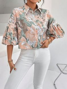 Multicolor Bohemio Collar manga francesa Tela tricotada Floral,todo estampado Camisa Embellished No-Elástico Fashion Tops Blouse, Tops Blouse, Women Blouses, Lantern Sleeve, Lantern Sleeves, Fashion Tops, Shirt Sleeves, Blouses For Women, Floral Print