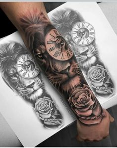 a man's arm with some tattoos on it and a clock in the middle