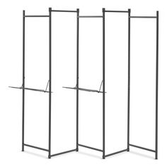 three black metal clothing racks against a white background with no one in the photo looking at them