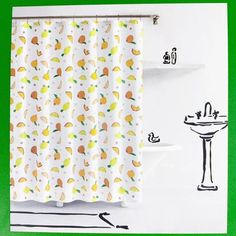 a bathroom with a sink, shower curtain and green wallpaper on the back ground