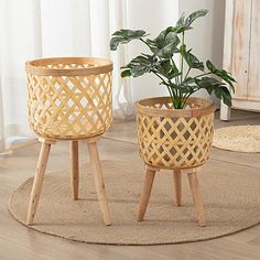 two wooden planters sitting on top of a rug