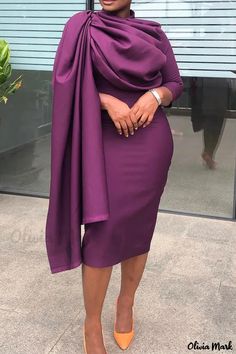 OliviaMark - Raffinierte Bleistiftrockkleider mit Patchwork-Faltung und einem Hauch von Eleganz Side Drape Dress, Quarter Sleeve Dress, Purple Midi Dress, Pencil Skirt Dress, Evening Dresses For Weddings, Bodycon Dress Parties, African Dresses For Women, Dresses Elegant, Draped Dress