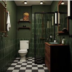 a bathroom with green walls and black and white checkerboard flooring on the wall