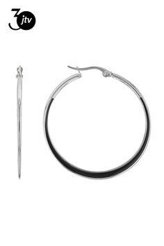 Sophisticated Steel�� stainless steel hoop earrings with black enamel. Measures approximately 1 1/2 of an inch in length and 1/16 of an inch in width and have saddleback closures. Sleek Black Everyday Jewelry, Stainless Steel Hoop Jewelry With Polished Finish, Polished Stainless Steel Hoop Jewelry, Modern Black Hoop Jewelry, Modern Silver Earrings With Black Enamel, Black Minimalist Sterling Silver Hoop Earrings, Modern Black Round Hoop Earrings, Modern Black Small Hoop Jewelry, Modern Black Hypoallergenic Jewelry