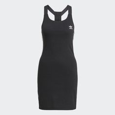 adidas Classics Racerback Dress (GN2878) - STNDRD ATHLETIC CO. Adidas Sporty Sleeveless Dress, Summer Stretch Adidas Dresses, Casual Stretch Cotton Tennis Dress, Casual Cotton Stretch Tennis Dress, Sporty Adidas Cotton Dress, Black Fitted Athleisure Dress, Sporty Racerback Dresses, Black Athleisure Mini Tennis Dress, Black Athleisure Mini Length Tennis Dress