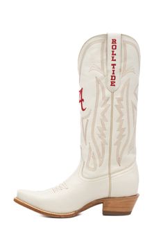 Your favorite Gameday Accessory now comes in premium ivory leather. Same, can’t get enough of it, fresh leather smell….New look! These handcrafted boots are sure to provide quality and comfort for countless Championship seasons to come. Made of premium, genuine ivory leather Goodyear Welt construction Ultracomfort memory foam insole Smooth leather lining for a soft, comfortable feel Natural stacked wood heel Subtle contrast, classic western embroidery stitching on the toe and shaft Multiple embroidered team logos on shaft, heel counter and pull tabs Traditional snip-toe profile Pull-on western boot style 14" shaft height Western heel Handcrafted in Mexico, Designed and Distributed in Texas CLC APPROVED Western Embroidery, Handcrafted Boots, The University Of Alabama, Embroidery Stitching, Body Sunscreen, Boot Style, Wood Heel, University Of Alabama, Western Boot