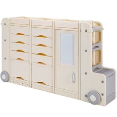 a toy storage unit with doors and drawers