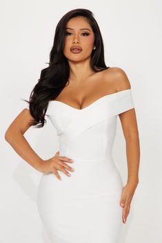 Available In Magenta And White. Bandage Midi Dress Off Shoulder Short Sleeves Hidden Back Zipper Stretch Dress Length = 44'' Self: 95% Polyester 5% Spandex Imported | Amy Bandage Midi Dress in White size XS by Fashion Nova Midi Dress Off Shoulder, White Bandage Dress, Bandage Dresses, Dress Off Shoulder, Bandage Midi Dress, Dream Dresses, White Midi Dress, Stretch Dress, Matching Dresses