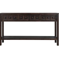 a wooden console table with drawers on one side and two drawers on the other end