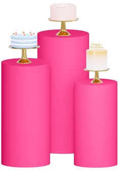 three cakes on top of pink cylinders with white frosting