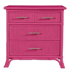 a pink dresser with three drawers and two doors on the bottom, in front of a white background