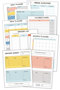 the grocery list and meal planner are lined up on top of each other in different colors