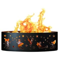 a fire pit with flames and stars on the sides, in front of a white background