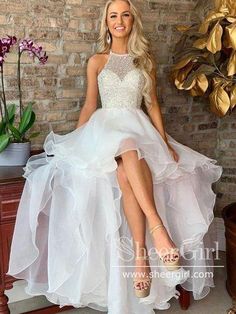 Beaded Bodice Organza Short Prom Dress High-Low Homecoming Dress ARD2658-SheerGirl Beaded Bodice Prom Dress, Prom Dress Halter, High Low Prom Dress, Modern Dresses, High Low Prom Dresses, White Evening Dress, Dress Homecoming, Mini Wedding, Beaded Bodice