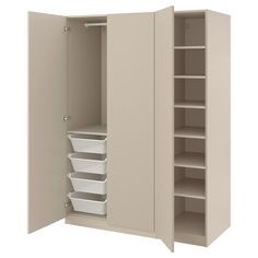 an open cabinet with shelves and bins