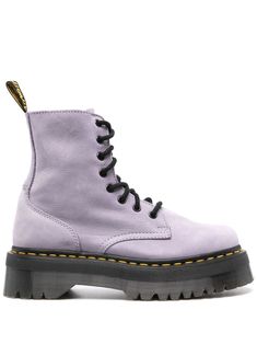 lilac purple calf suede pebbled texture front lace-up fastening side zip fastening ankle-length pull-tab at the heel round toe branded leather insole rubber lug sole Dr Martens Jadon, Pink Nike Shoes, Purple Boots, People Clothes, Purple Shoes, Pink Nike, Chanel 2, Pink Nikes, Iconic Bags