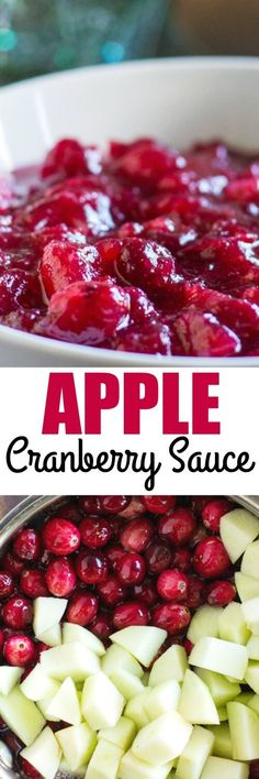 an apple cranberry sauce in a white bowl with apples on the side, and another photo of it